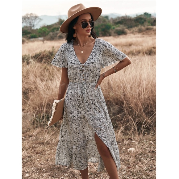 Spotted Print Black and White Midi Dress V-neck Button Front Ruffle Hem - Picture 6 of 10